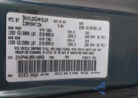 2005 Dodge Grand Caravan Sxt from USA, damaged, VIN 2D4GP44L05R149059